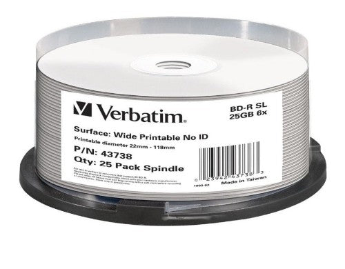 Verbatim BD-R SL 25GB 6x Wide Printable 25 Pack Spindle - No ID Brand
