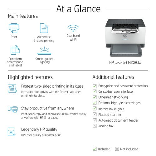 HP LaserJet M209dw Wireless Black and white Printer, Duplex