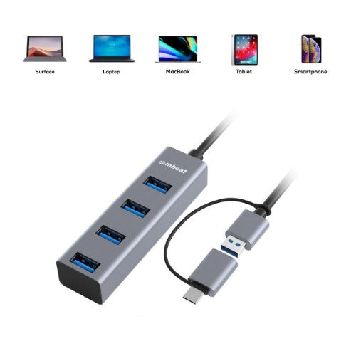MBeat MB-CU3H-4G interface hub USB 3.2 Gen 1 (3.1 Gen 1) Type-A + Type-C 5000 Mbit/s Black, Grey