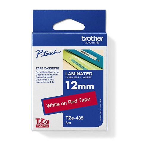 Brother TZE-435 label-making tape White on red
