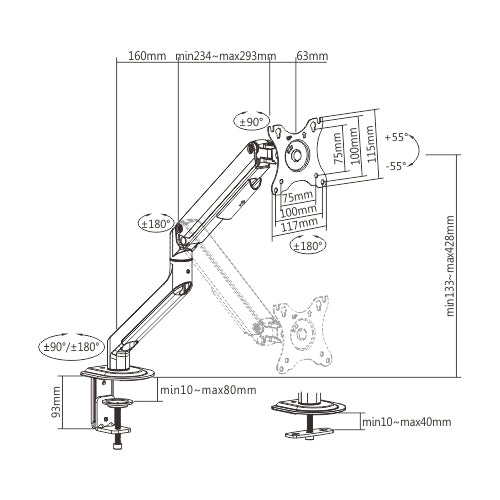 Brateck Counterbalance Monitor Arm 81.3 cm (32") Grey Desk