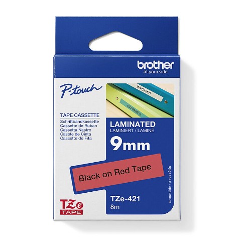 Brother TZE-421 label-making tape Black on red