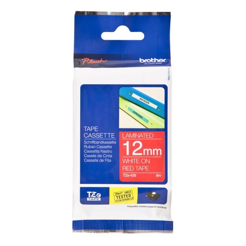 Brother TZE-435 label-making tape White on red
